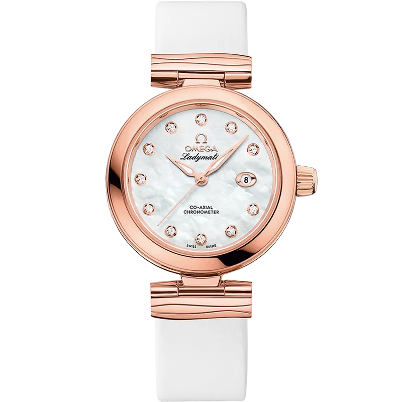 Omega De Ville Ladymatic 34 mm, Sedna™ gold on leather strap