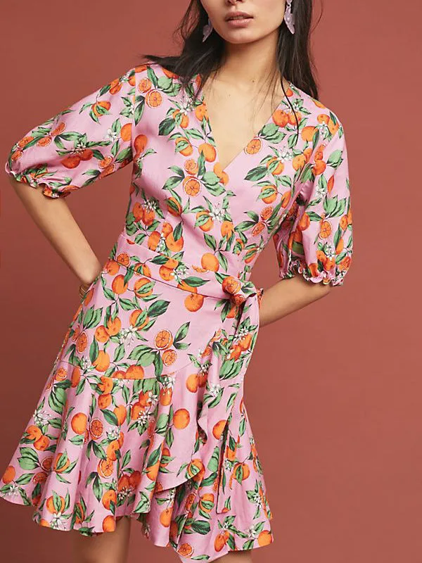 Orange Fruit Printed Short-sleeved Dress