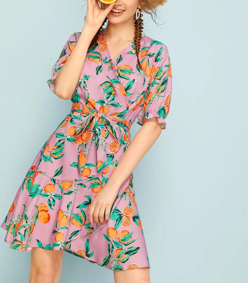 Orange Fruit Printed Short-sleeved Dress