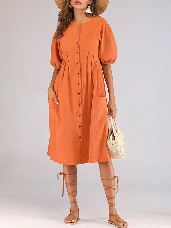 Orange Round Neck Lantern Sleeves With A Row Of Buckled Waist Holiday Cotton And Linen Dress