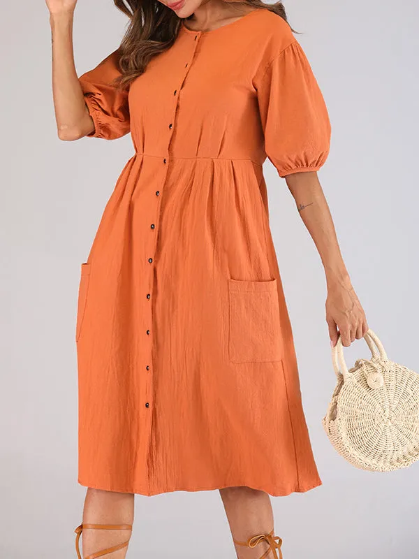 Orange Round Neck Lantern Sleeves With A Row Of Buckled Waist Holiday Cotton And Linen Dress