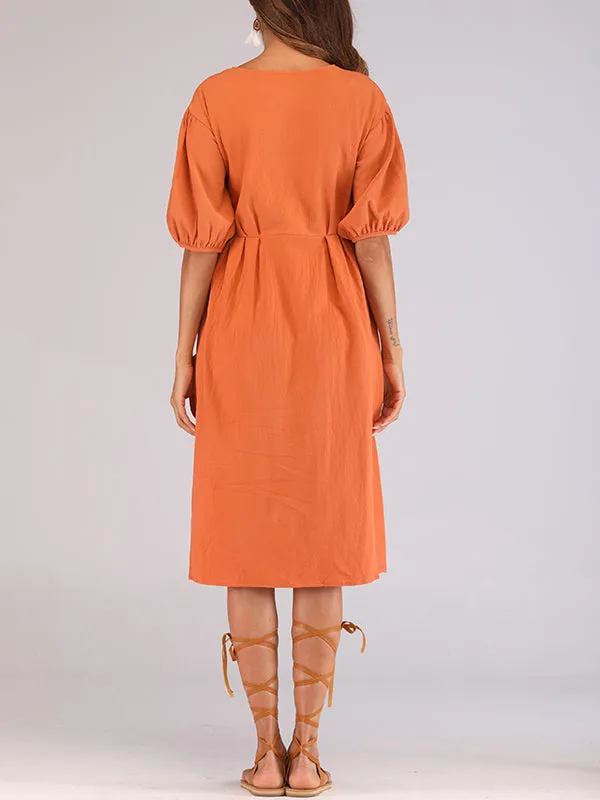 Orange Round Neck Lantern Sleeves With A Row Of Buckled Waist Holiday Cotton And Linen Dress