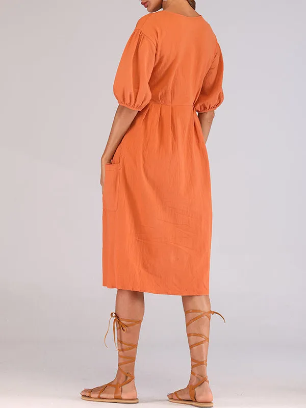 Orange Round Neck Lantern Sleeves With A Row Of Buckled Waist Holiday Cotton And Linen Dress
