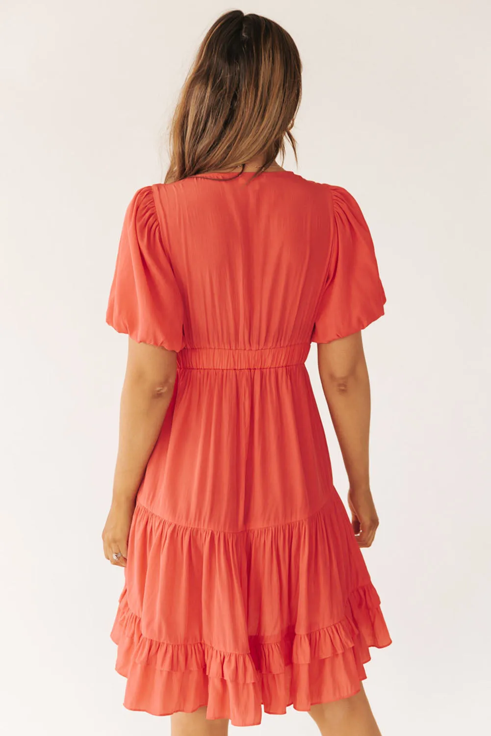 Orange Ruffle V Neck Tiered Puff Sleeve Mini Dress