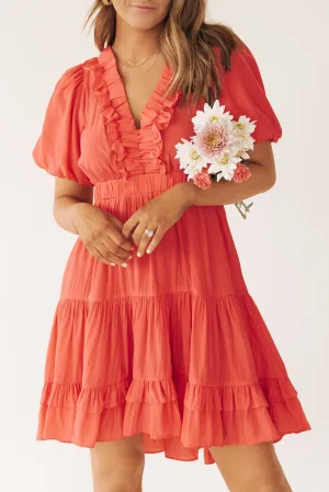 Orange Ruffle V Neck Tiered Puff Sleeve Mini Dress