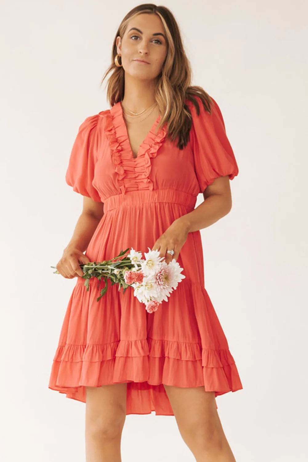 Orange Ruffle V Neck Tiered Puff Sleeve Mini Dress