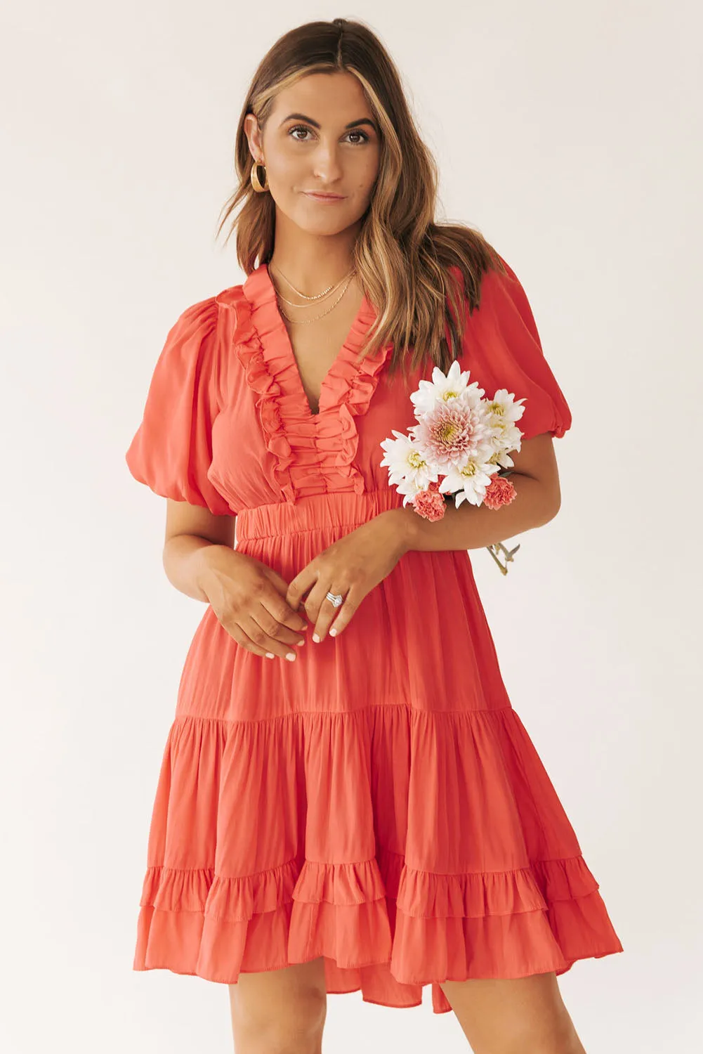 Orange Ruffle V Neck Tiered Puff Sleeve Mini Dress