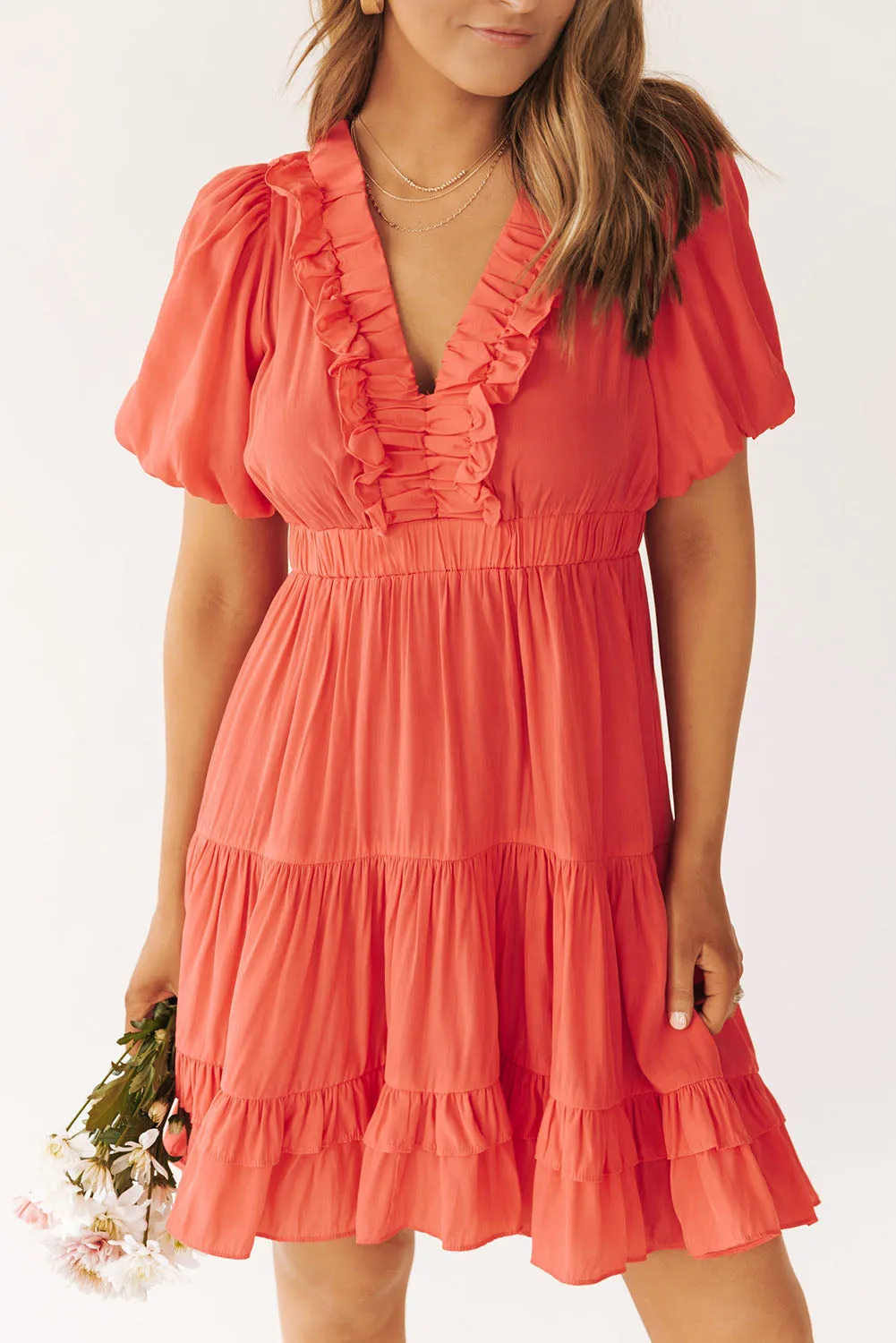 Orange Ruffle V Neck Tiered Puff Sleeve Mini Dress