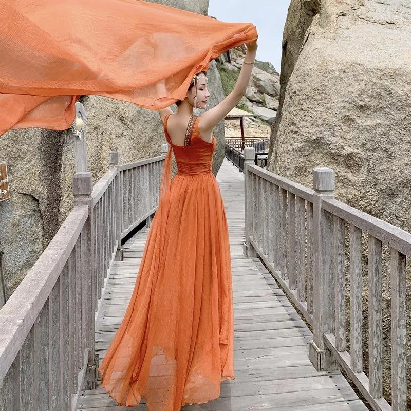 Orange Women Holiday Long Dresses