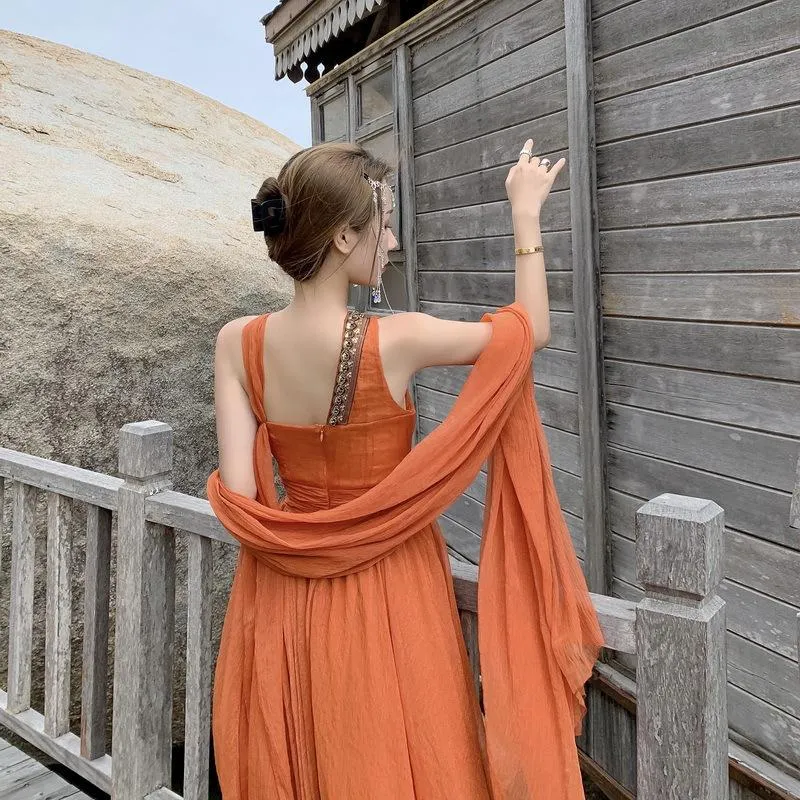 Orange Women Holiday Long Dresses