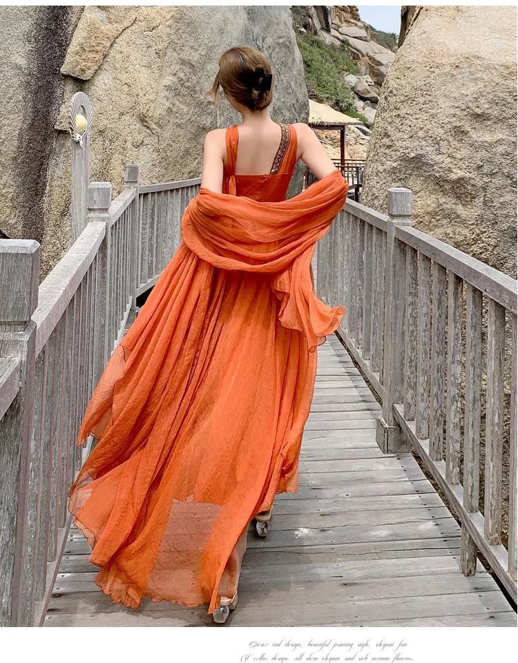 Orange Women Holiday Long Dresses