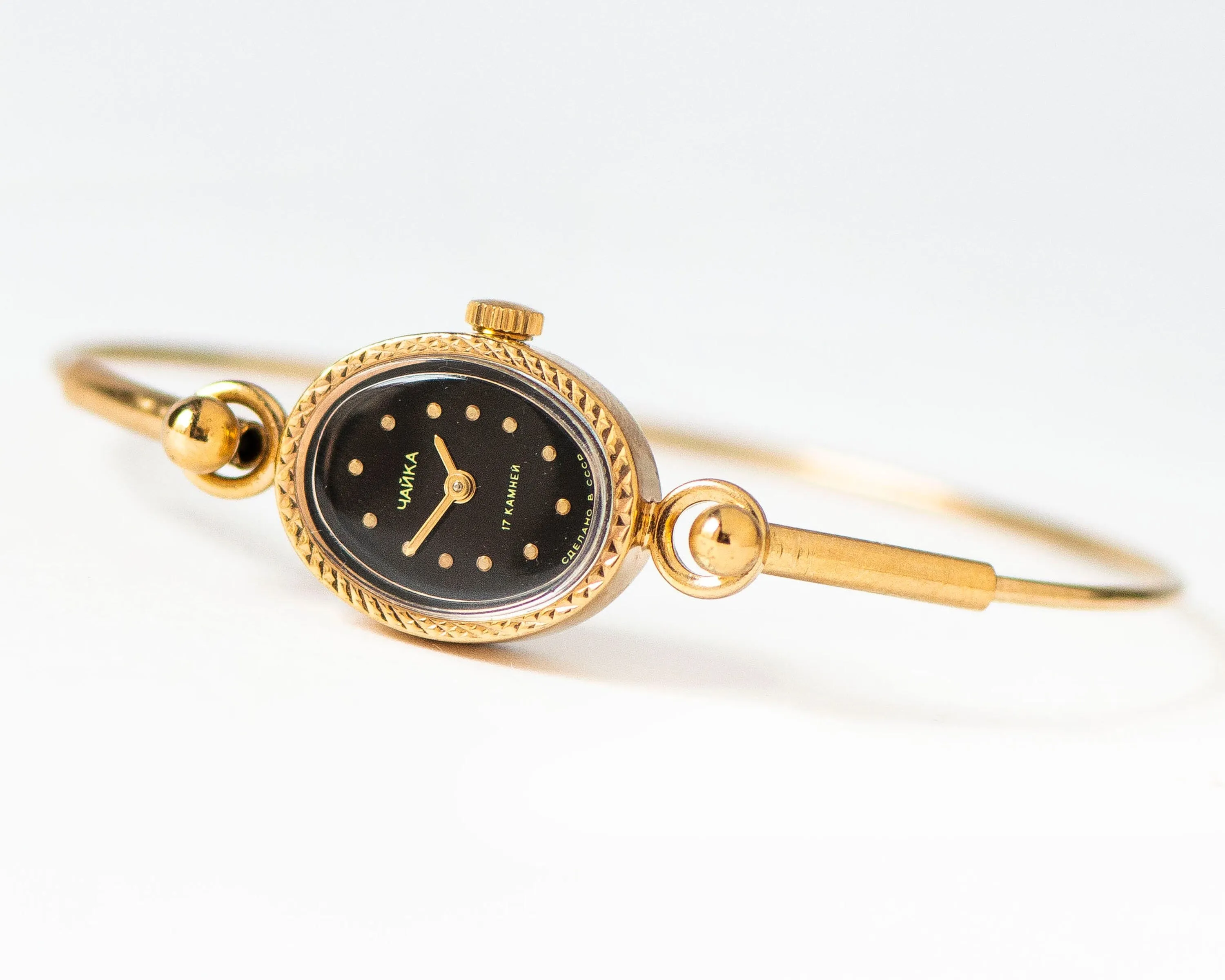 Oval cocktail wristwatch women tiny bracelet gold plated Seagull, evening watch black dial minimalist chic lady watch jewelry classic gift