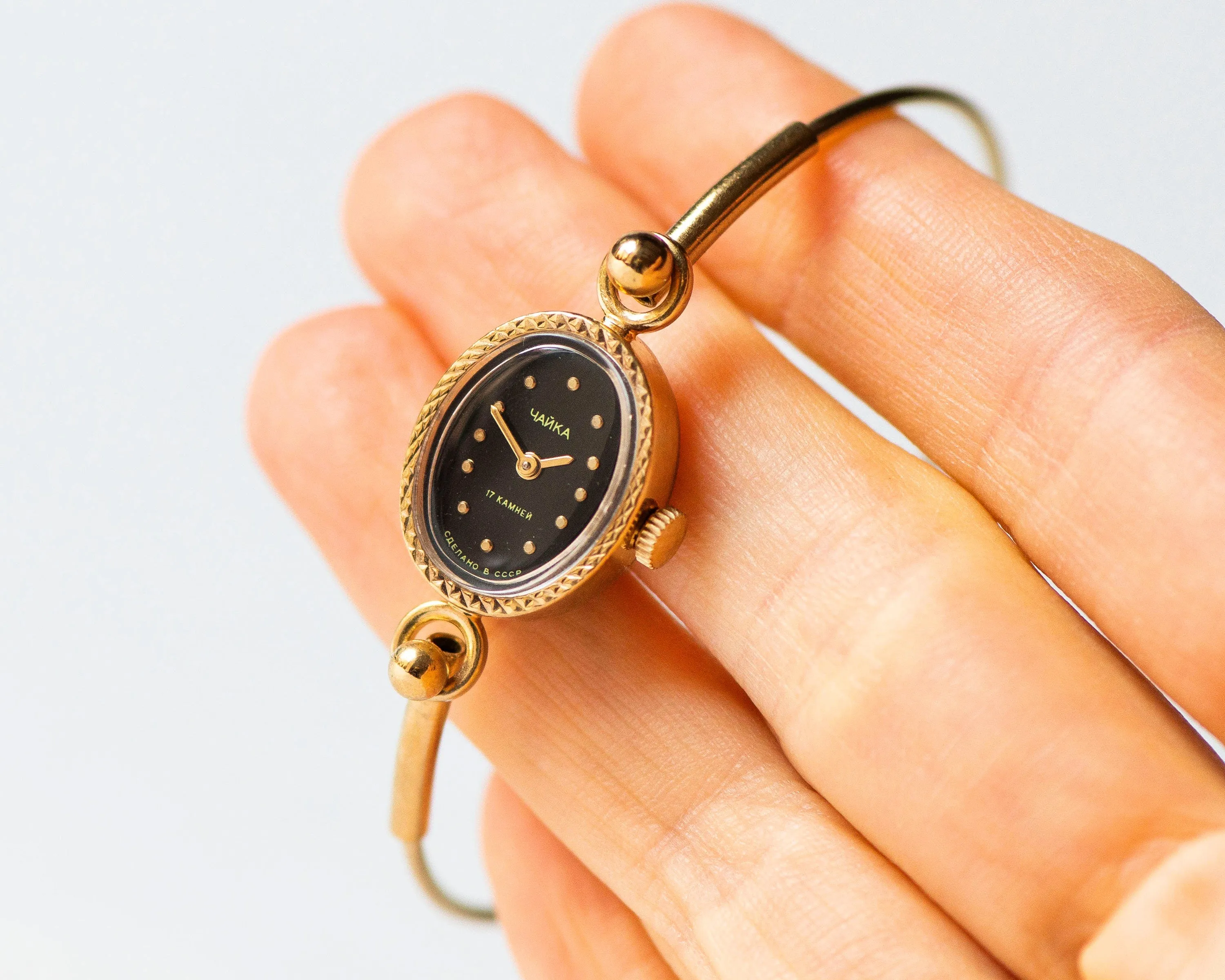 Oval cocktail wristwatch women tiny bracelet gold plated Seagull, evening watch black dial minimalist chic lady watch jewelry classic gift