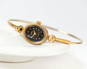 Oval cocktail wristwatch women tiny bracelet gold plated Seagull, evening watch black dial minimalist chic lady watch jewelry classic gift