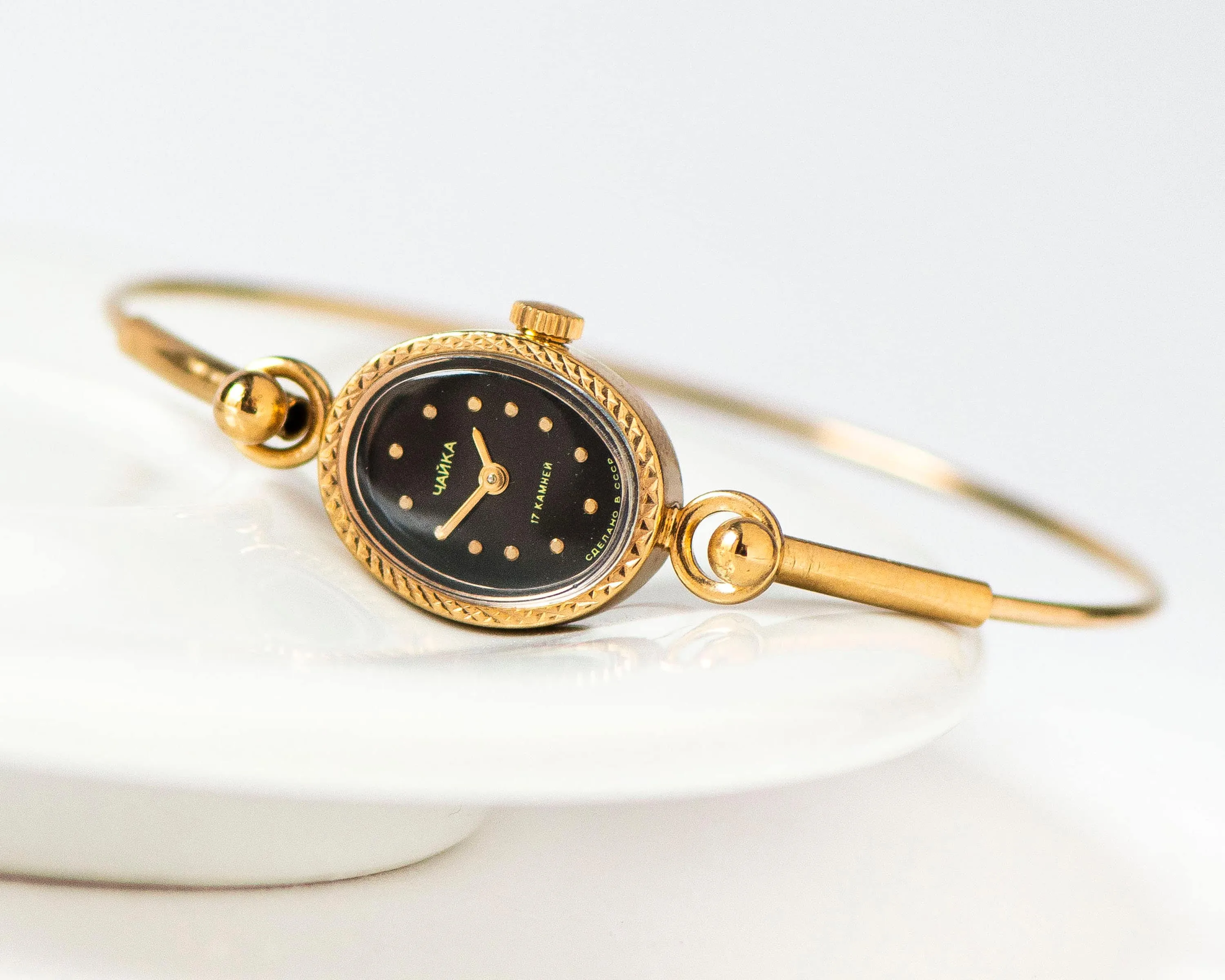 Oval cocktail wristwatch women tiny bracelet gold plated Seagull, evening watch black dial minimalist chic lady watch jewelry classic gift