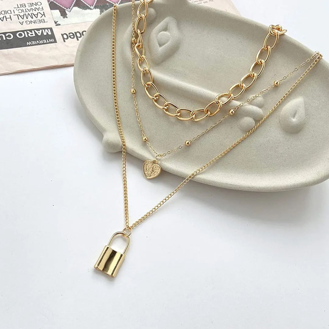 Pack Of 2 Butterfly and Layered Chain Heart Lock Pendant