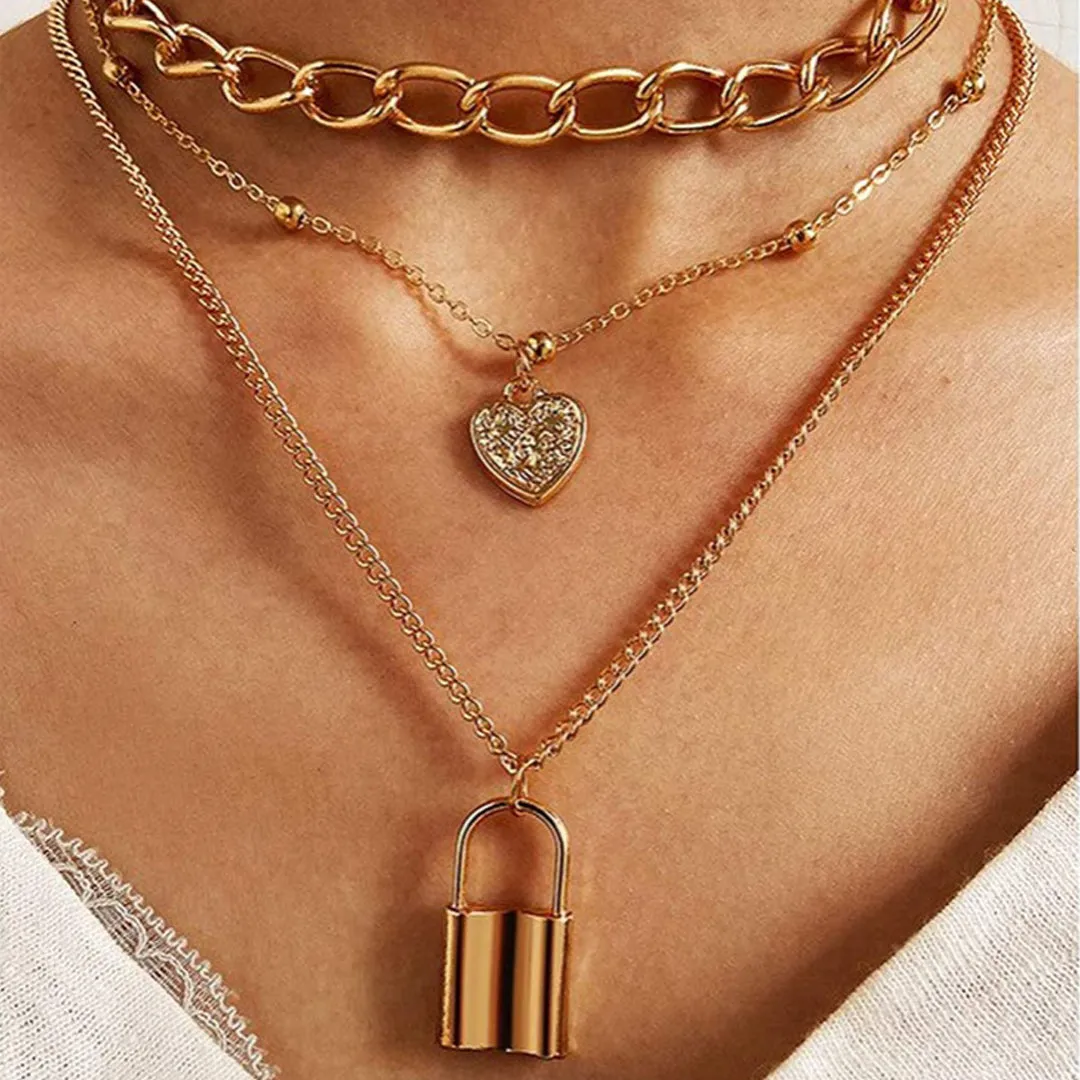Pack Of 2 Butterfly and Layered Chain Heart Lock Pendant