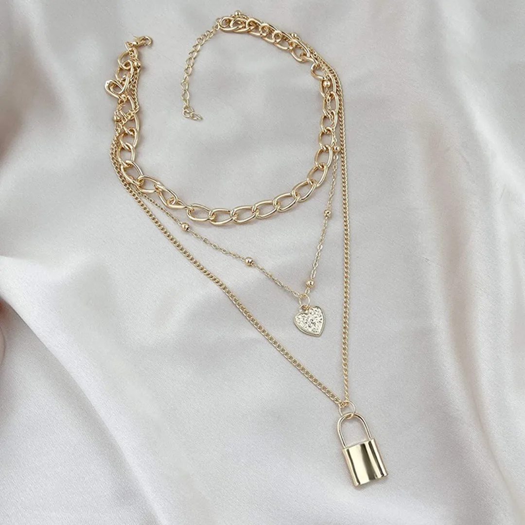 Pack Of 2 Butterfly and Layered Chain Heart Lock Pendant