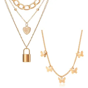 Pack Of 2 Butterfly and Layered Chain Heart Lock Pendant