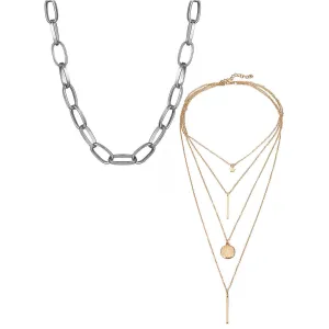 Pack of 2 Gold Silver Star Coin Line Chunky Chain Necklace