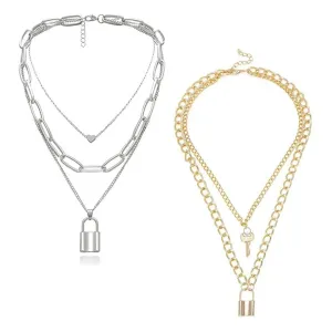 Pack of 2 Golden Silver Layered Heart Key Lock Necklace