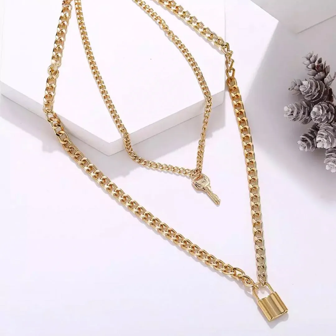 Pack of 2 Golden Silver Layered Heart Key Lock Necklace