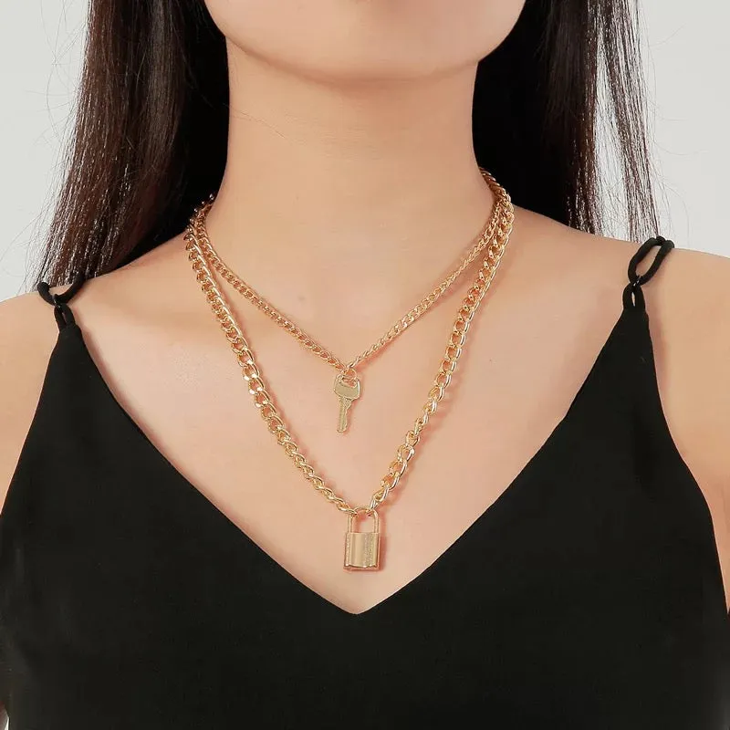 Pack of 2 Golden Silver Layered Heart Key Lock Necklace