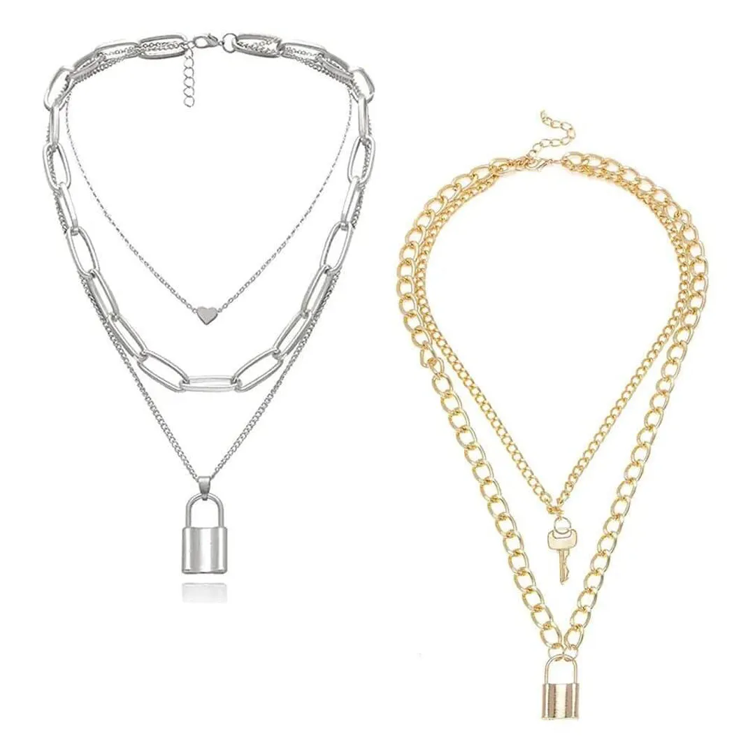 Pack of 2 Golden Silver Layered Heart Key Lock Necklace