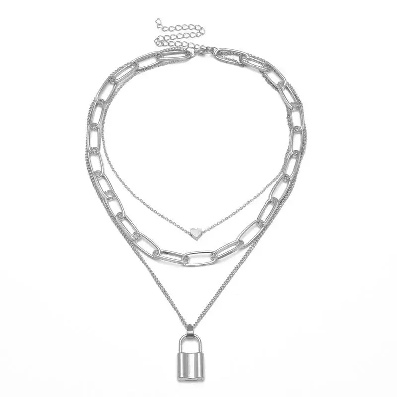 Pack of 2 Golden Silver Layered Heart Key Lock Necklace
