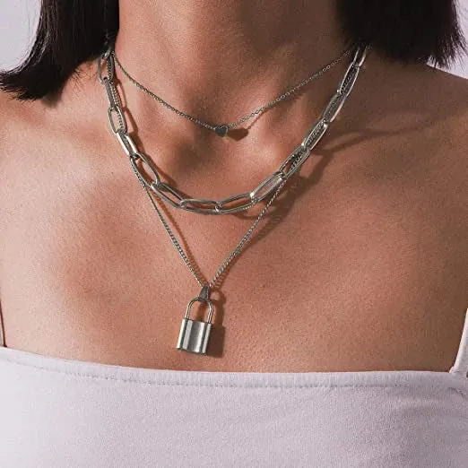 Pack of 2 Golden Silver Layered Heart Key Lock Necklace