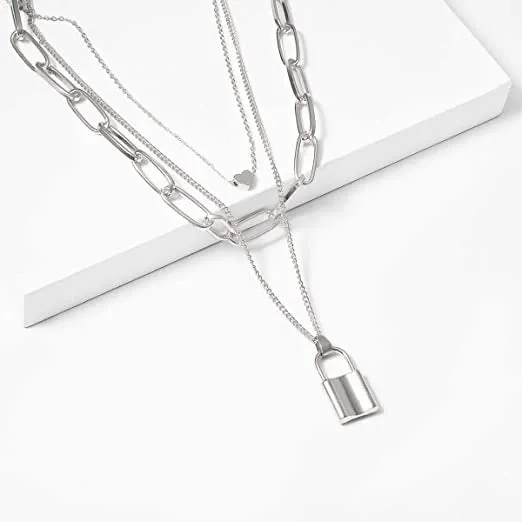 Pack of 2 Golden Silver Layered Heart Key Lock Necklace