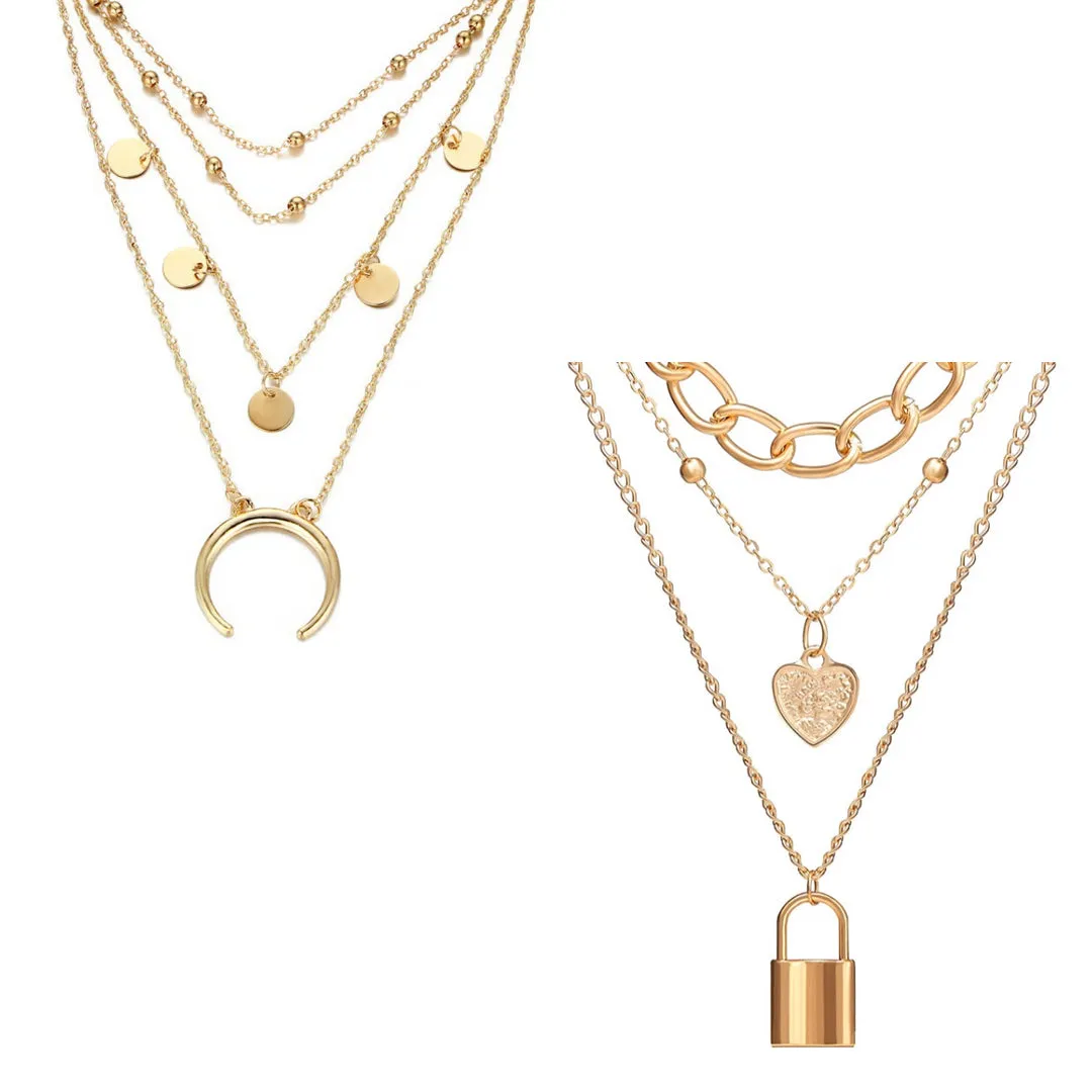 Pack Of 2 Layered Half Moon Heart And Lock Pendant