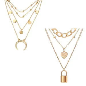 Pack Of 2 Layered Half Moon Heart And Lock Pendant