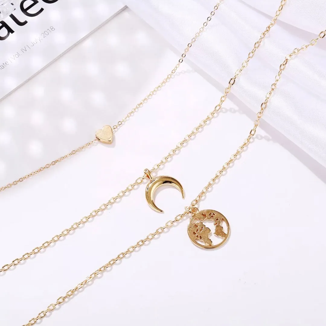 Pack Of 2 Layered Star Heart and Drop Studded Pendant