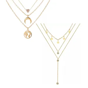 Pack Of 2 Layered Star Heart and Drop Studded Pendant