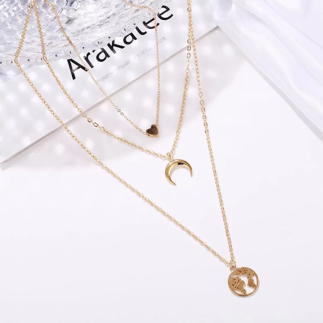 Pack Of 2 Layered Star Heart and Drop Studded Pendant
