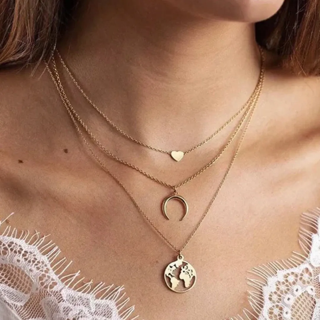 Pack Of 2 Layered Star Heart and Drop Studded Pendant