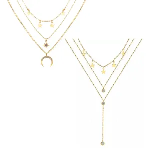 Pack Of 2 Layered Star Heart Moon Drop Studded Pendant