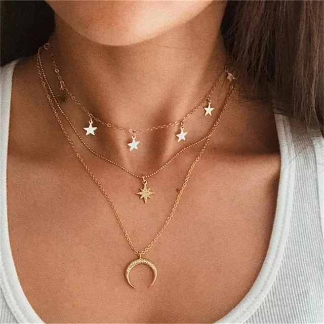 Pack Of 2 Layered Star Heart Moon Drop Studded Pendant