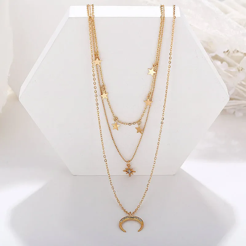 Pack Of 2 Layered Star Heart Moon Drop Studded Pendant