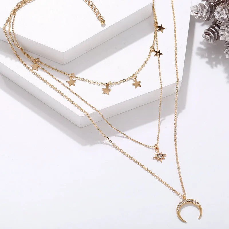 Pack Of 2 Layered Star Heart Moon Drop Studded Pendant