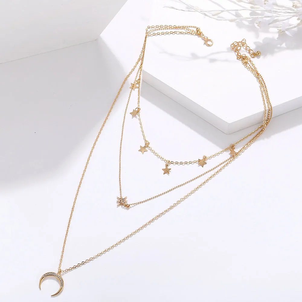 Pack of 2 Triple Layered Heart Lock & Moon Star Necklace