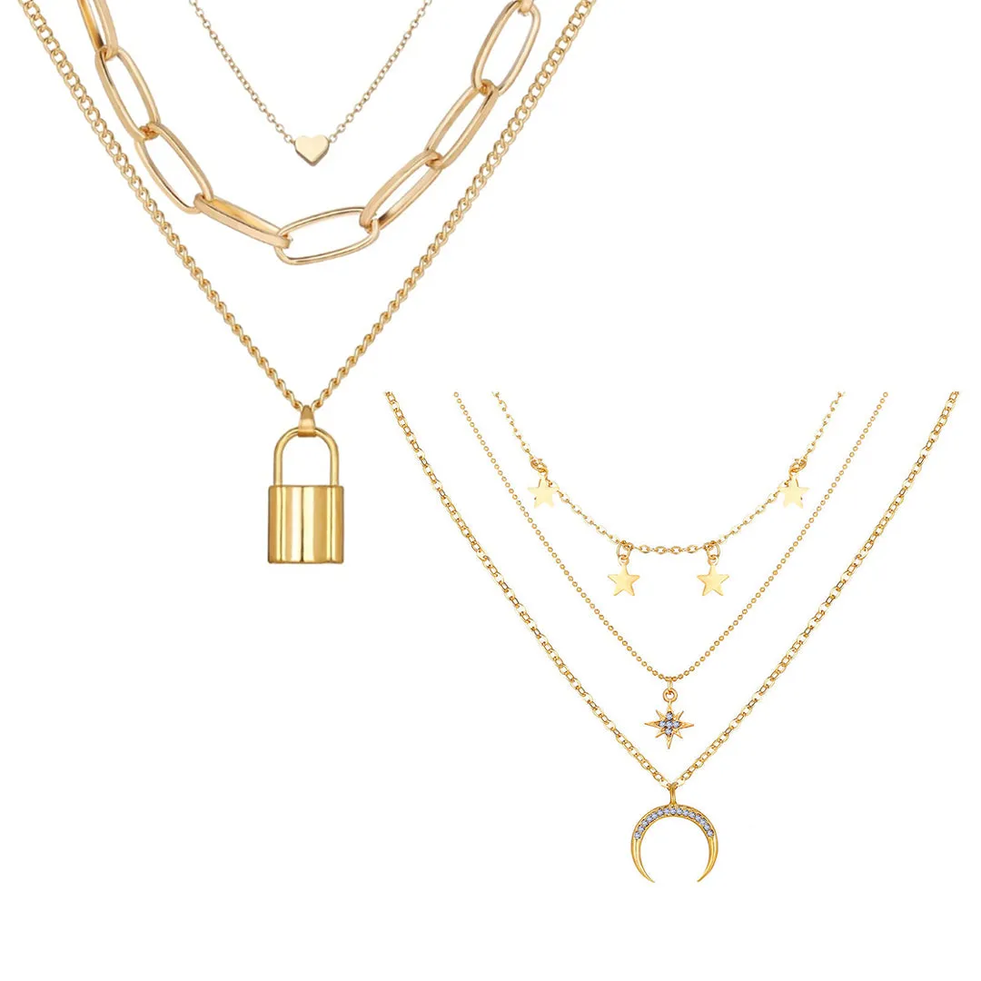Pack of 2 Triple Layered Heart Lock & Moon Star Necklace