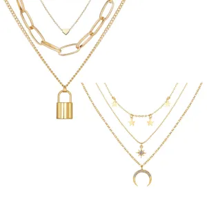 Pack of 2 Triple Layered Heart Lock & Moon Star Necklace