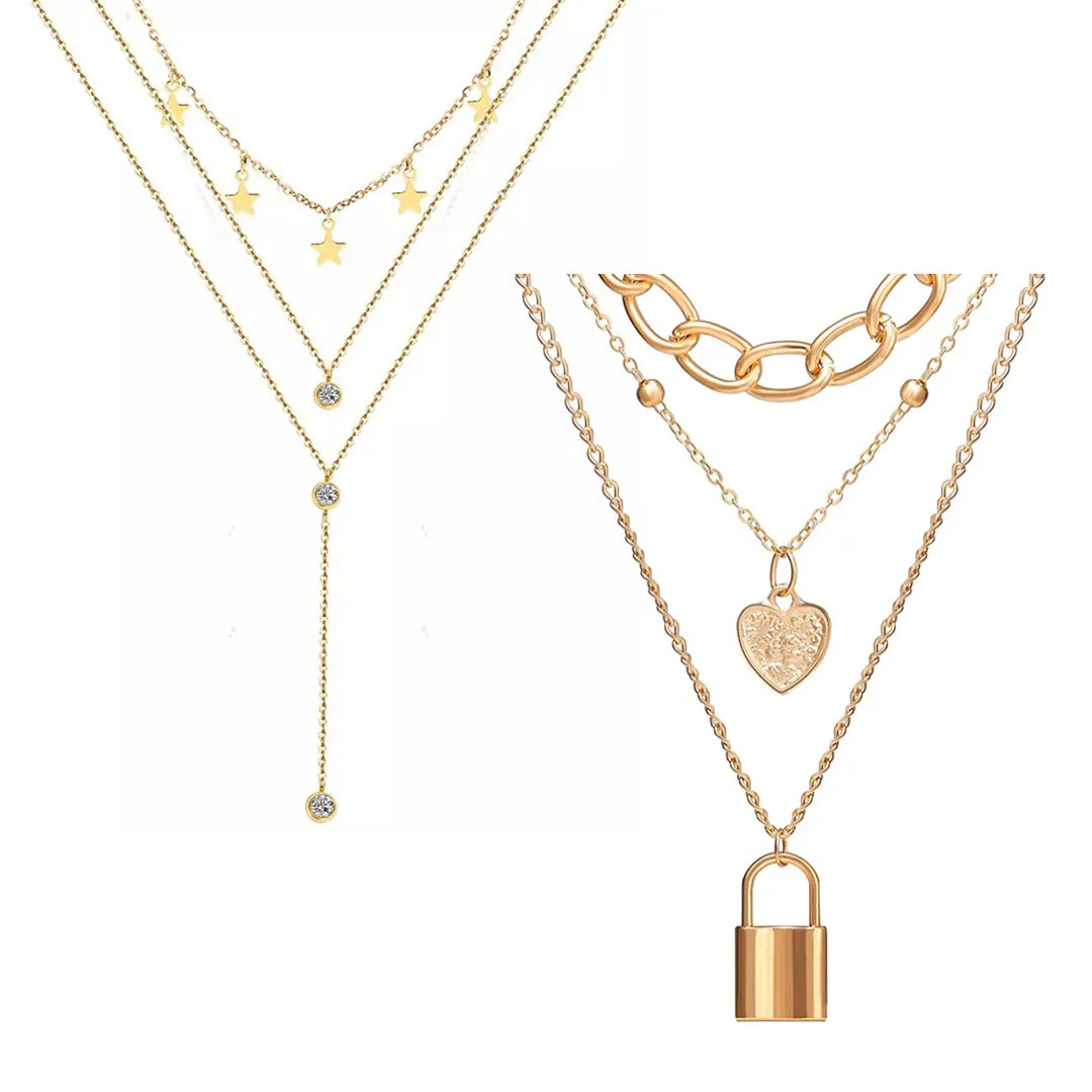 Pack Of 2 Triple Layered Heart Star and Lock Pendant