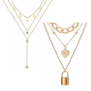 Pack Of 2 Triple Layered Heart Star and Lock Pendant