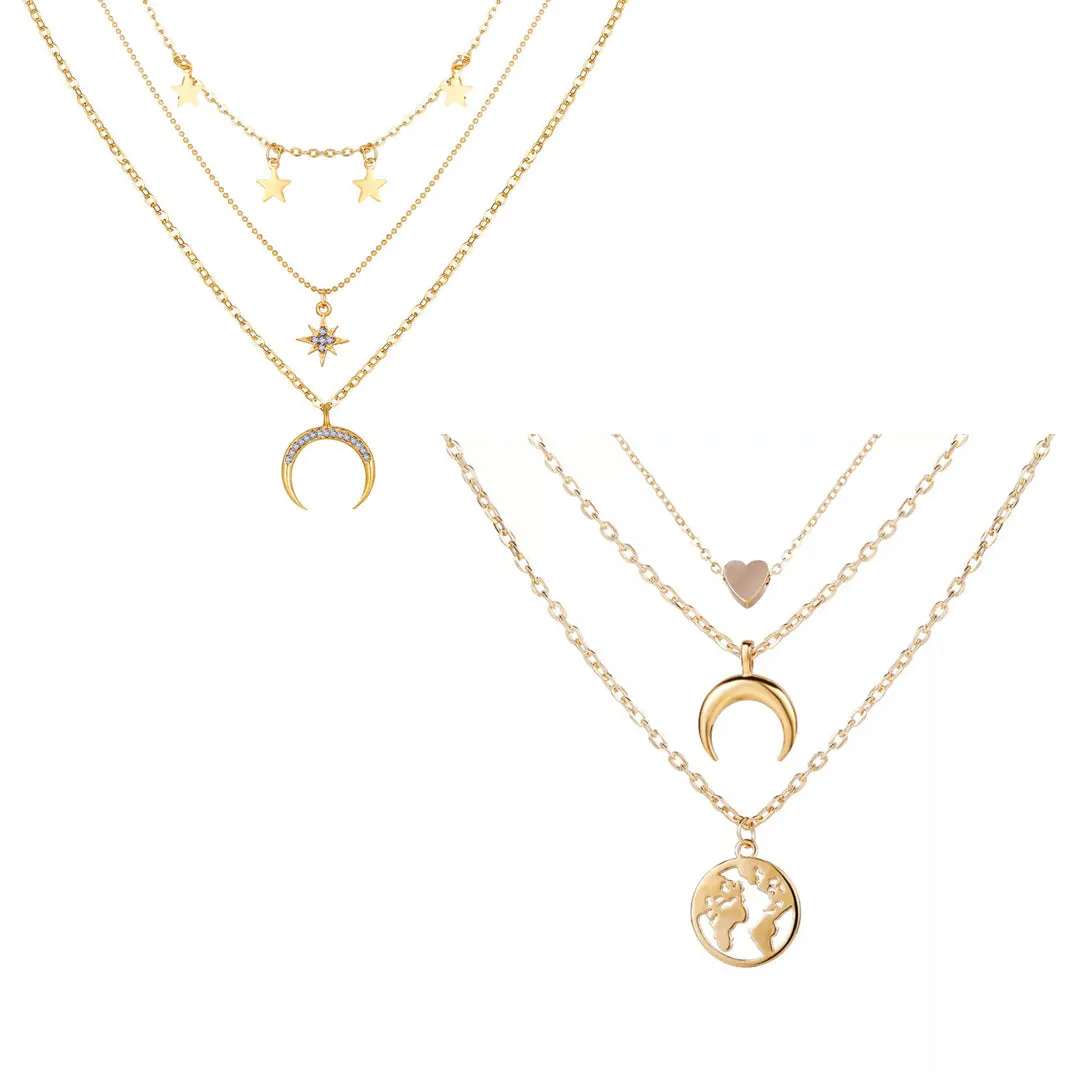 Pack Of 2 Triple Layered Stars Moon Earth Pendant