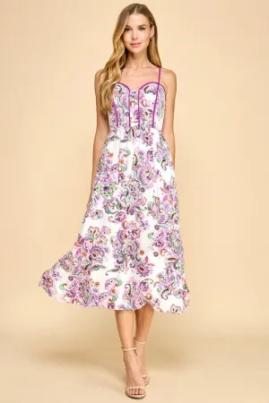 Paisley Print Contrast Binding Detail Midi Dress