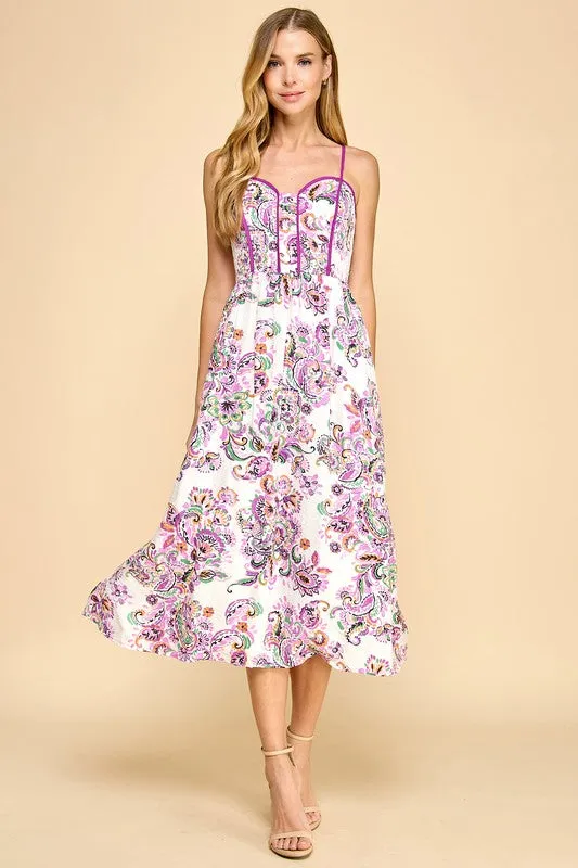 Paisley Print Contrast Binding Detail Midi Dress