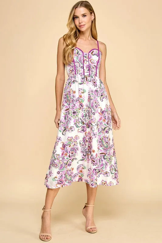 Paisley Print Contrast Binding Detail Midi Dress